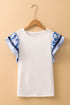 Patchwork Print Ricrac Trim Flutter Sleeve Blouse