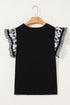 Patchwork Print Ricrac Trim Flutter Sleeve Blouse