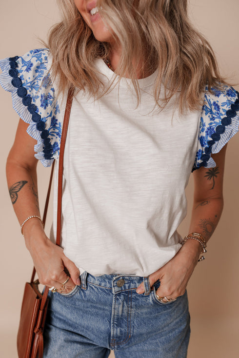 Patchwork Print Ricrac Trim Flutter Sleeve Blouse
