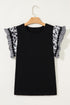 Patchwork Print Ricrac Trim Flutter Sleeve Blouse