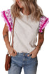 Patchwork Print Ricrac Trim Flutter Sleeve Blouse