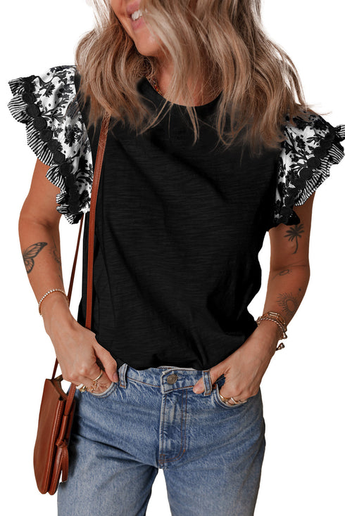Patchwork Print Ricrac Trim Flutter Sleeve Blouse