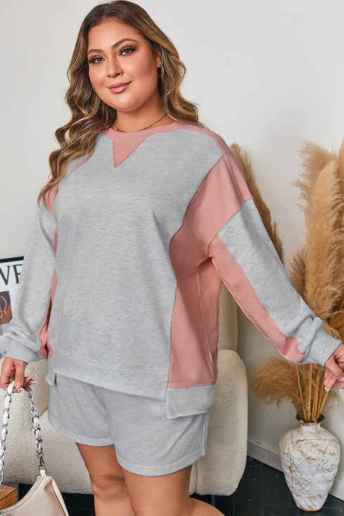 Patchwork Print Uneven Hem Pullover Shorts Loungewear
