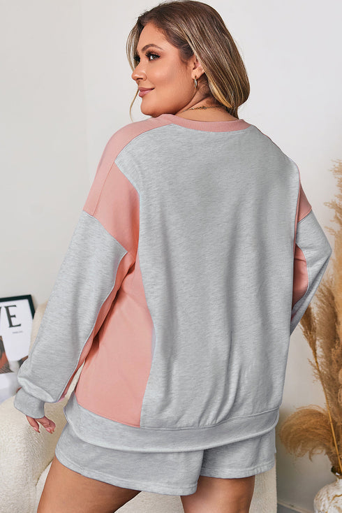 Patchwork Print Uneven Hem Pullover Shorts Loungewear