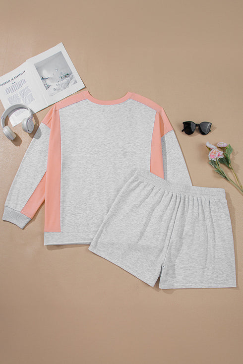 Patchwork Print Uneven Hem Pullover Shorts Loungewear