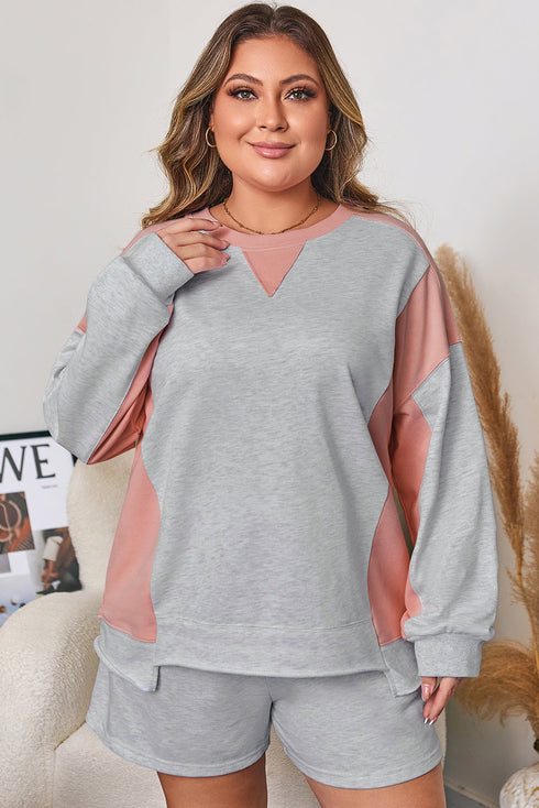 Patchwork Print Uneven Hem Pullover Shorts Loungewear