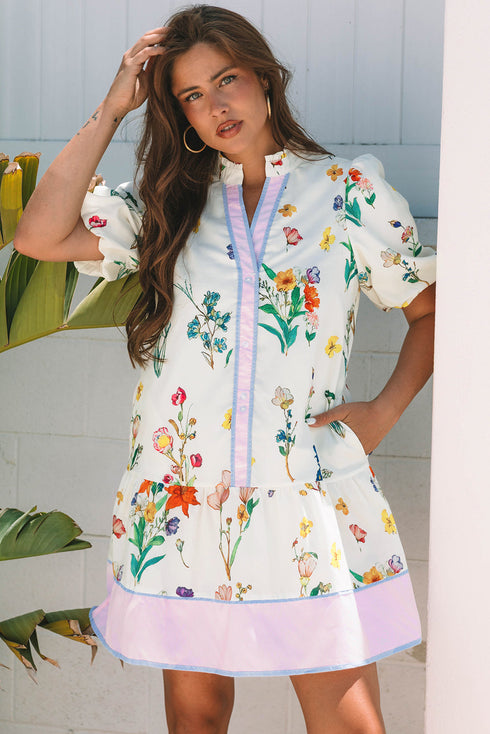 Patchwork Puff Sleeve H Line Floral Dress