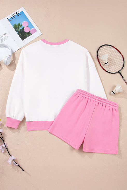 Patchwork Pullover And Lace Up Elastic Waist Shorts Set