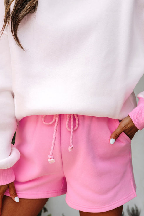 Patchwork Pullover And Lace Up Elastic Waist Shorts Set