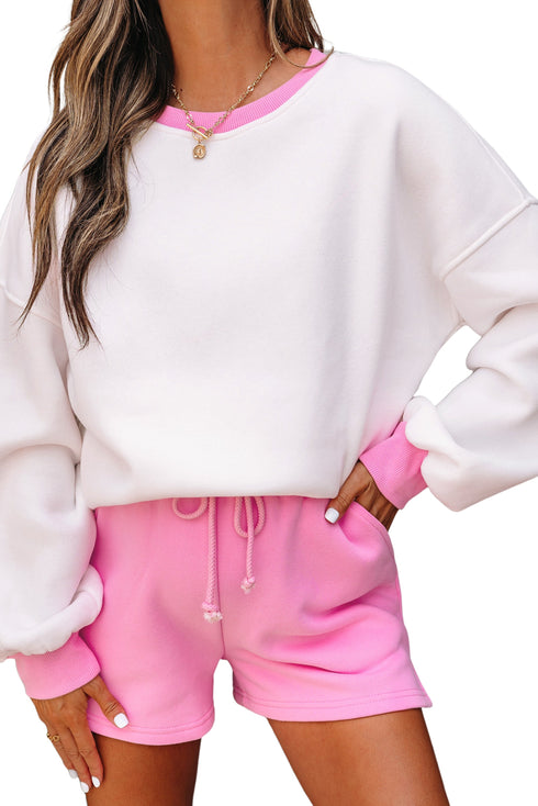 Patchwork Pullover And Lace Up Elastic Waist Shorts Set