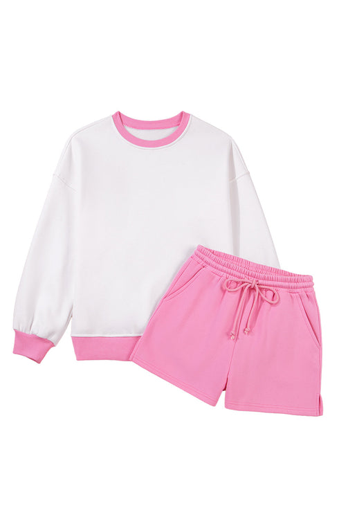 Patchwork Pullover And Lace Up Elastic Waist Shorts Set