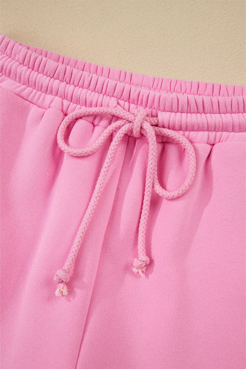 Patchwork Pullover And Lace Up Elastic Waist Shorts Set