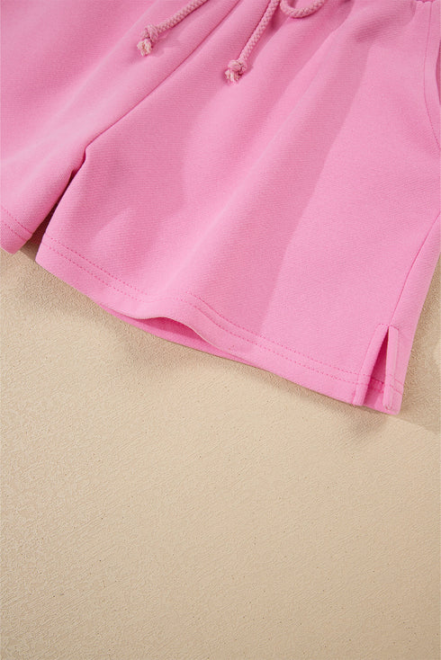 Patchwork Pullover And Lace Up Elastic Waist Shorts Set