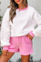 Patchwork Pullover And Lace Up Elastic Waist Shorts Set