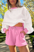 Patchwork Pullover And Lace Up Elastic Waist Shorts Set