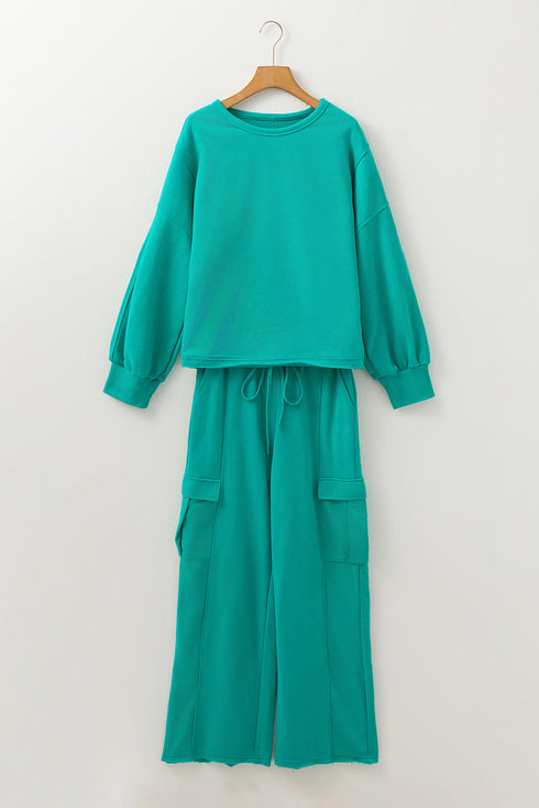 Patchwork Pullover And Wide Leg Cargo Pant Set