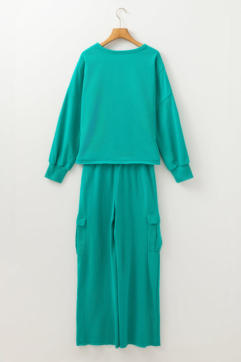 Patchwork Pullover And Wide Leg Cargo Pant Set
