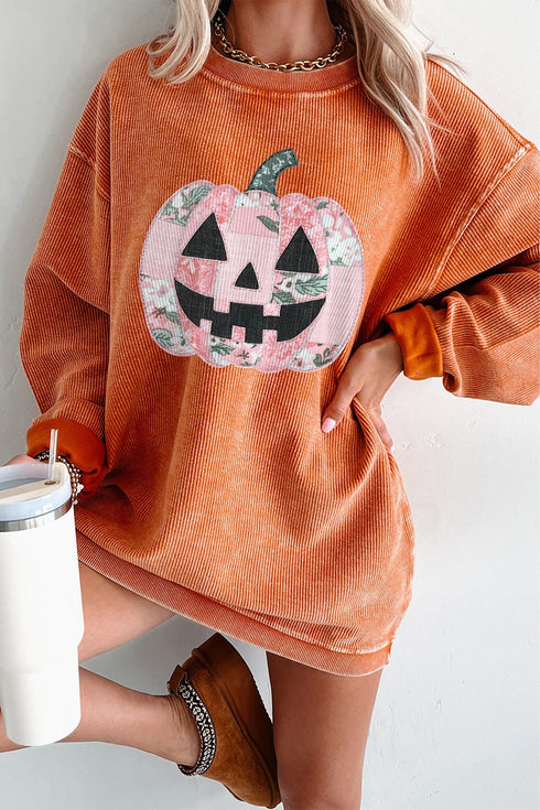 Patchwork Pumpkin Corded Ribbed Round Neck Tunic Sweatshirt