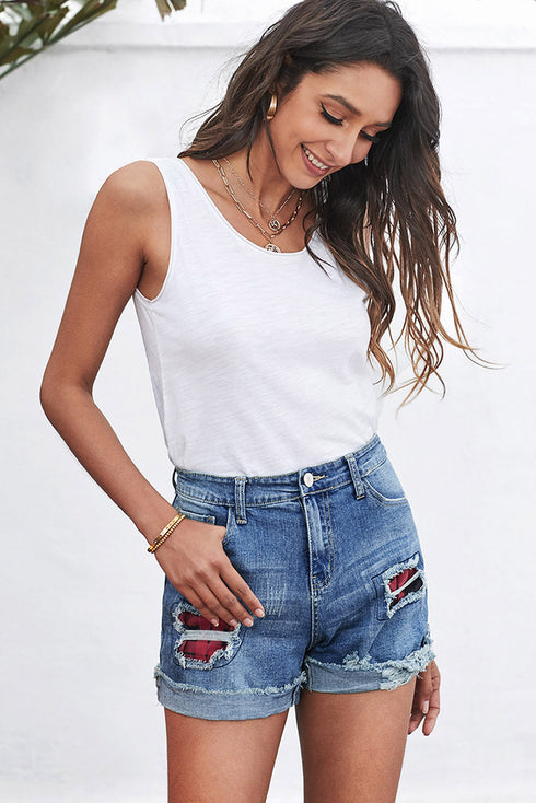Patchwork Rolled Hem Denim Shorts