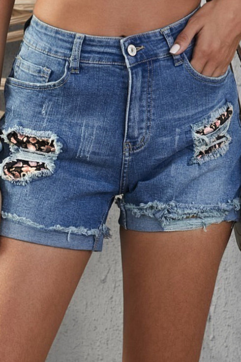 Patchwork Rolled Hem Denim Shorts