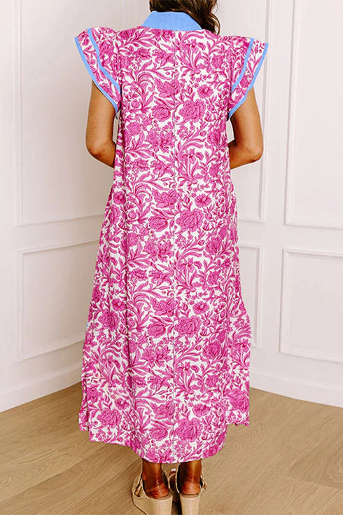 Patchwork Ruffle Sleeve V Neck Midi Floral Dress