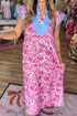 Patchwork Ruffle Sleeve V Neck Midi Floral Dress