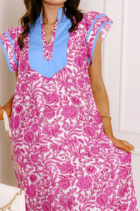 Patchwork Ruffle Sleeve V Neck Midi Floral Dress