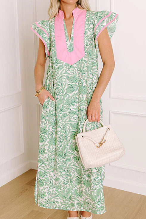 Patchwork Ruffle Sleeve V Neck Midi Floral Dress