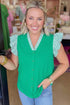 Patchwork Ruffled Stripe Trim V Neck Flutter Sleeve Blouse