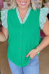 Patchwork Ruffled Stripe Trim V Neck Flutter Sleeve Blouse