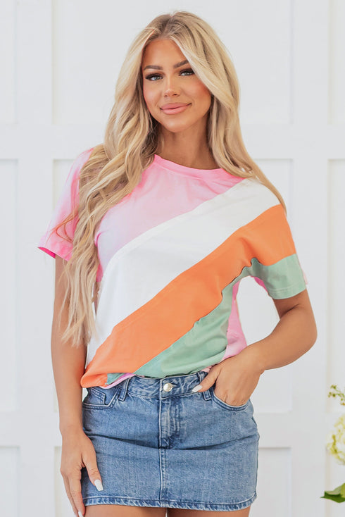Patchwork Seamed Cotton Blend Short Sleeve Crewneck T Shirt