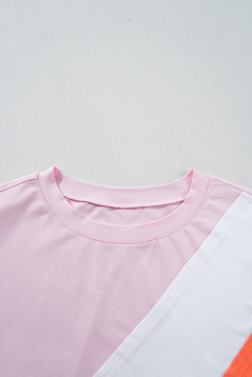 Patchwork Seamed Cotton Blend Short Sleeve Crewneck T Shirt