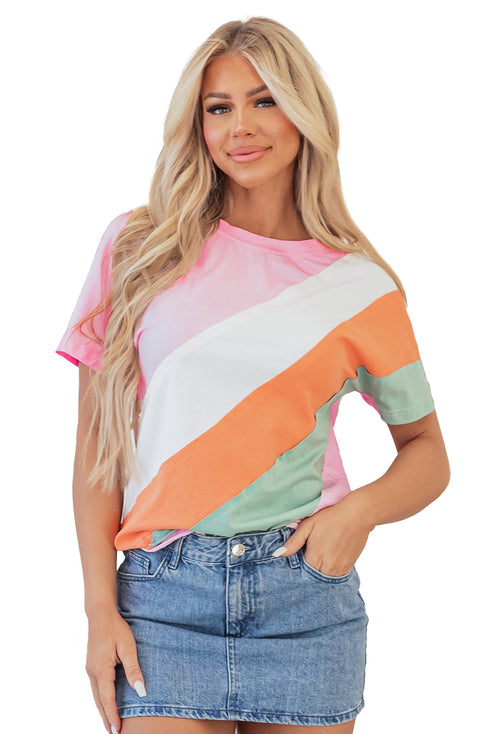 Patchwork Seamed Cotton Blend Short Sleeve Crewneck T Shirt