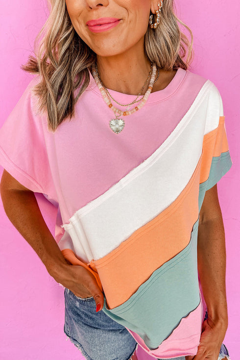 Patchwork Seamed Cotton Blend Short Sleeve Crewneck T Shirt