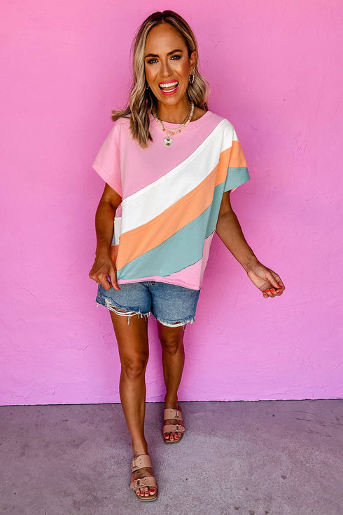 Patchwork Seamed Cotton Blend Short Sleeve Crewneck T Shirt