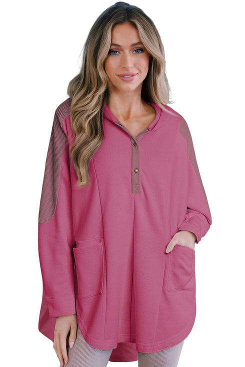 Patchwork Side Pockets Oversized Henley Hoodie
