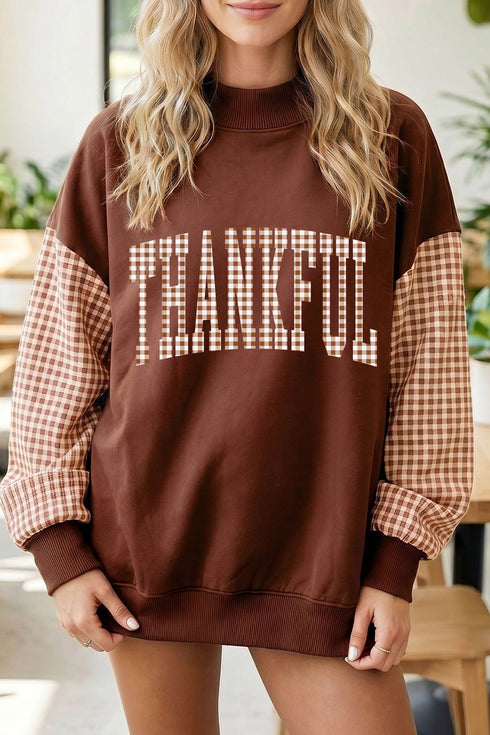 Patchwork Sleeve Plaid Pattern Graphic Mock Neck Sweatshirt
