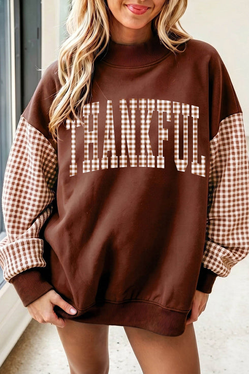 Patchwork Sleeve Plaid Pattern Graphic Mock Neck Sweatshirt