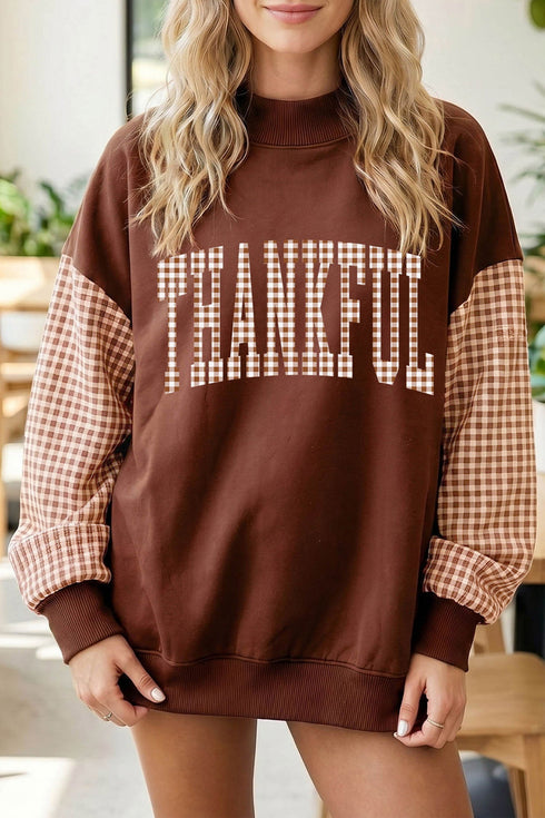 Patchwork Sleeve Plaid Pattern Graphic Mock Neck Sweatshirt