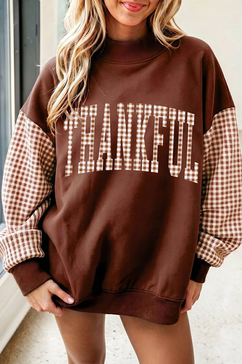 Patchwork Sleeve Plaid Pattern Graphic Mock Neck Sweatshirt