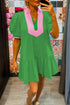 Patchwork Split Neck Puff Sleeve Ruffle Hem Mini Dress