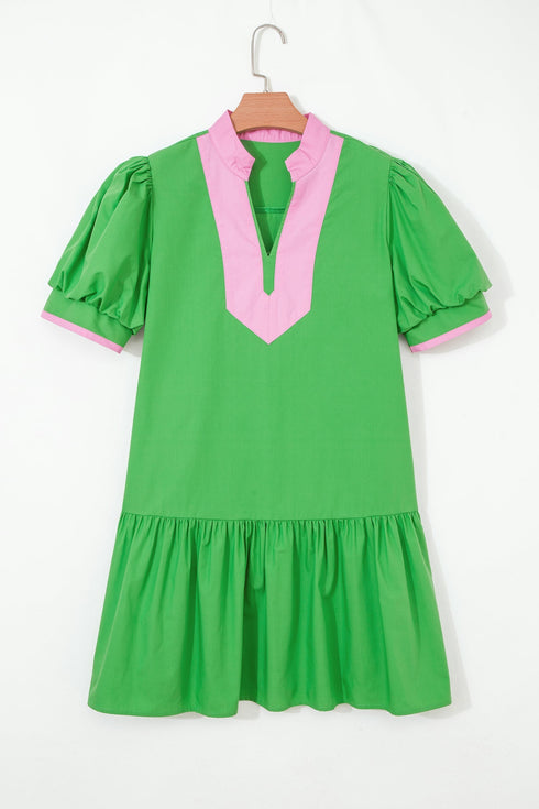 Patchwork Split Neck Puff Sleeve Ruffle Hem Mini Dress