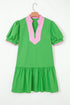 Patchwork Split Neck Puff Sleeve Ruffle Hem Mini Dress