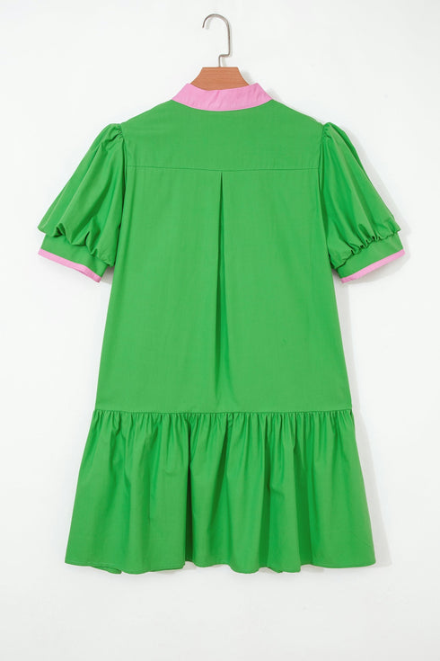 Patchwork Split Neck Puff Sleeve Ruffle Hem Mini Dress