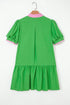 Patchwork Split Neck Puff Sleeve Ruffle Hem Mini Dress