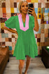 Patchwork Split Neck Puff Sleeve Ruffle Hem Mini Dress