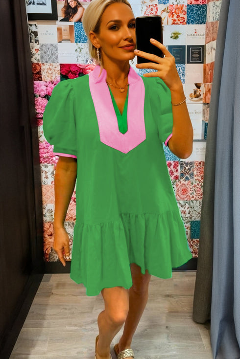 Patchwork Split Neck Puff Sleeve Ruffle Hem Mini Dress