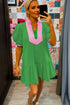 Patchwork Split Neck Puff Sleeve Ruffle Hem Mini Dress