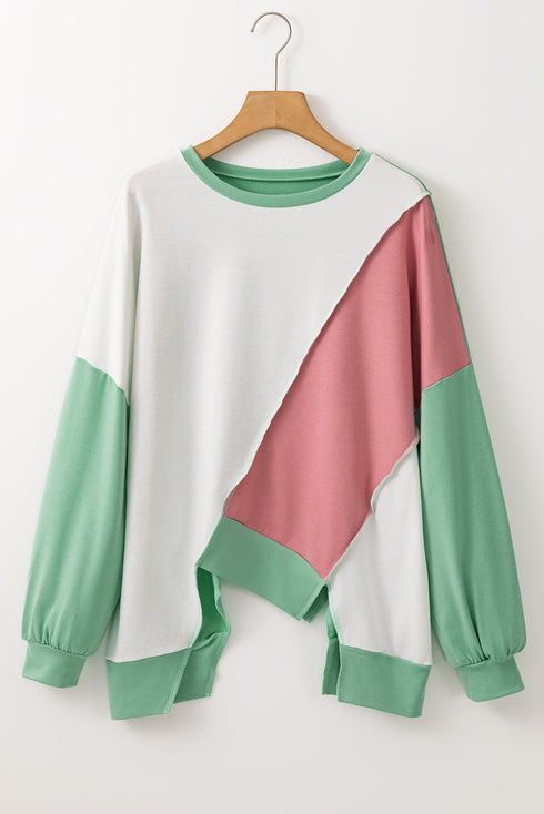 Patchwork Stitching Irregular Hem Long Sleeve Relaxed Top
