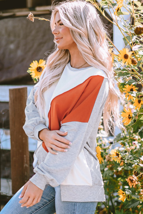Patchwork Stitching Irregular Hem Long Sleeve Relaxed Top